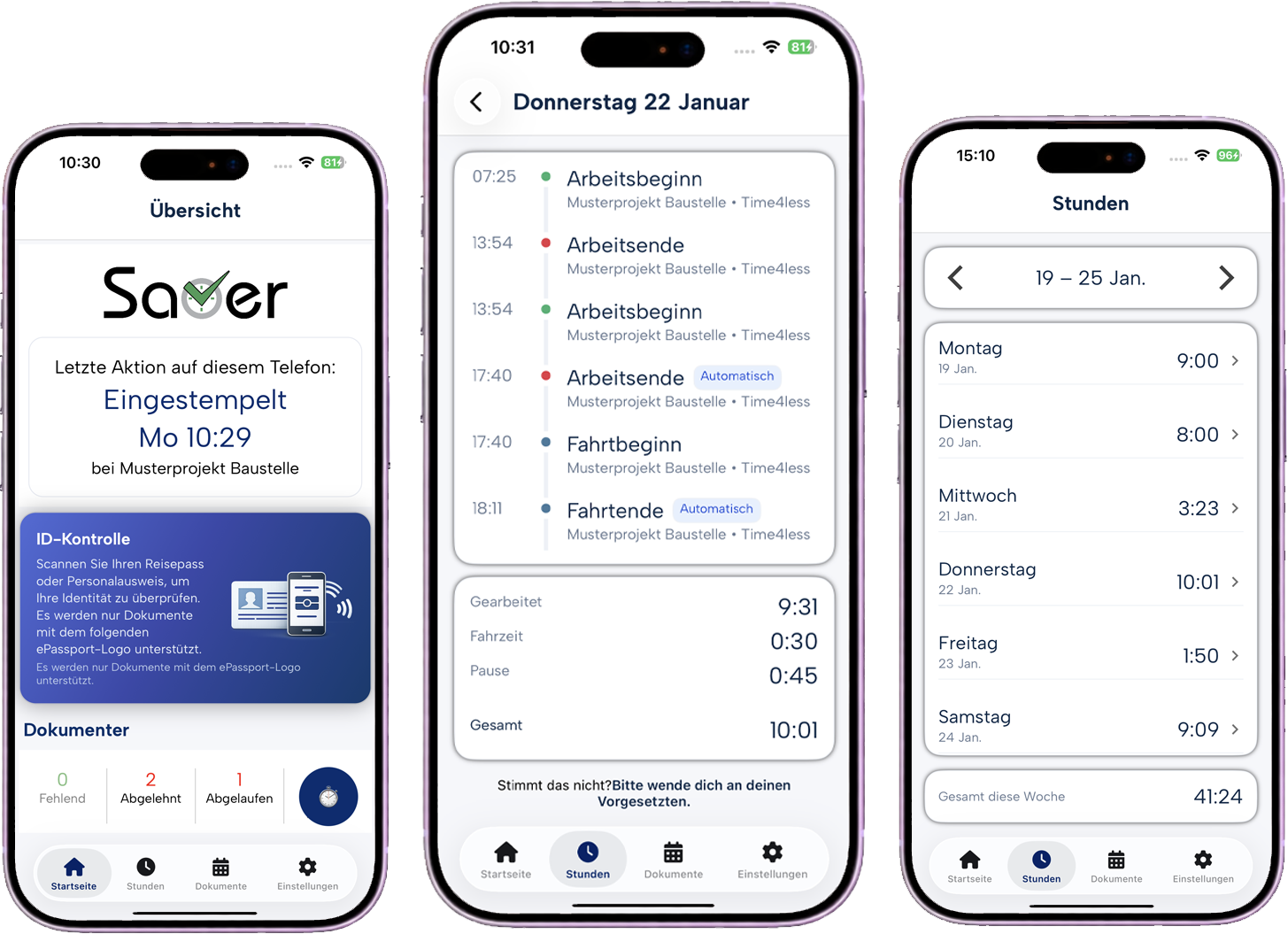 App Screenshots: Übersicht, Timeline und Wochenansicht