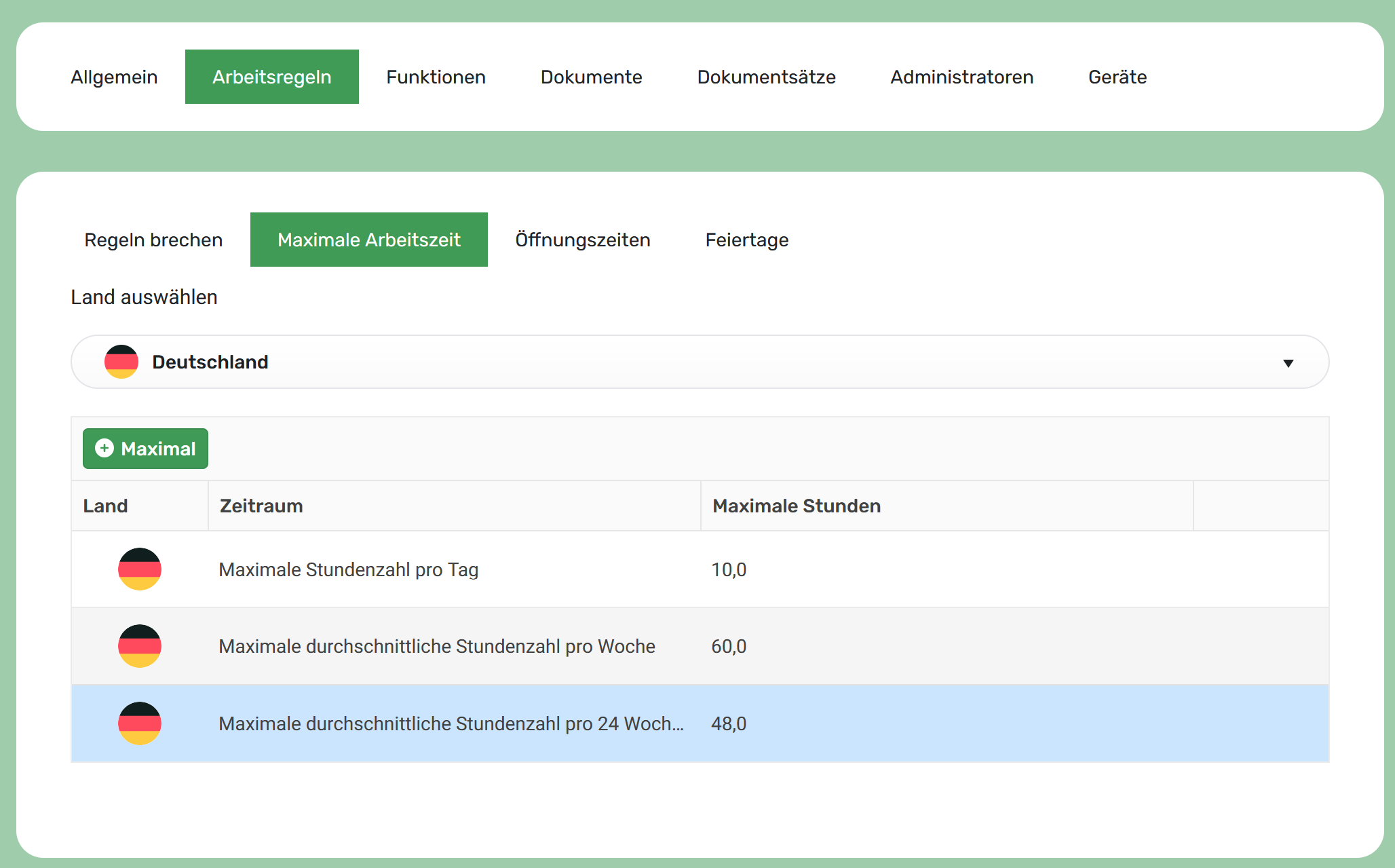 Screenshot: Maximale Arbeitszeit Deutschland in den Arbeitsregeln von ProjektAssistant
