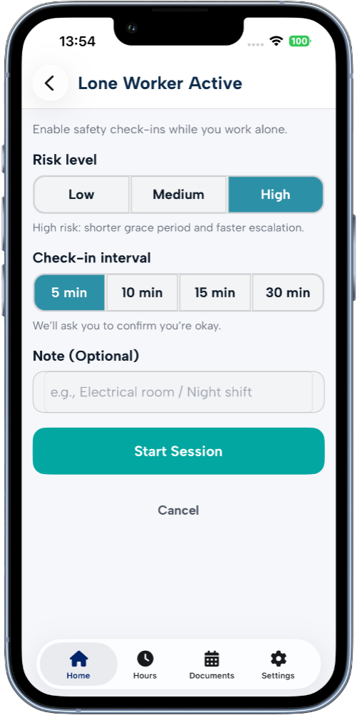 Start een lone worker sessie in de mobiele app
